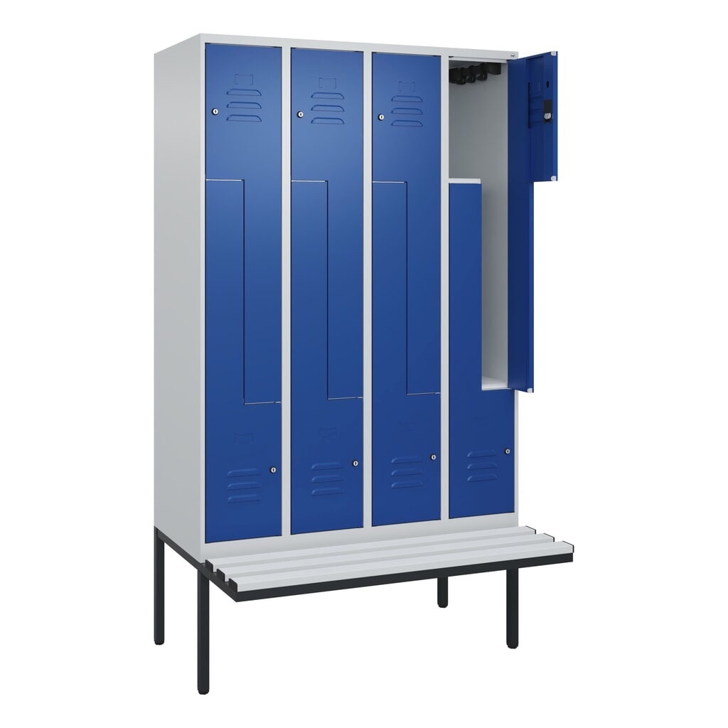Produktabbildung: C+P Z-Spind Classic PLUS, 8 Abteile, HxBxT 2.120 x 1.200 x 815 mm, Zylinderschloss, auskragende Bank aus Kunststoff, lichtgrau, enzianblau