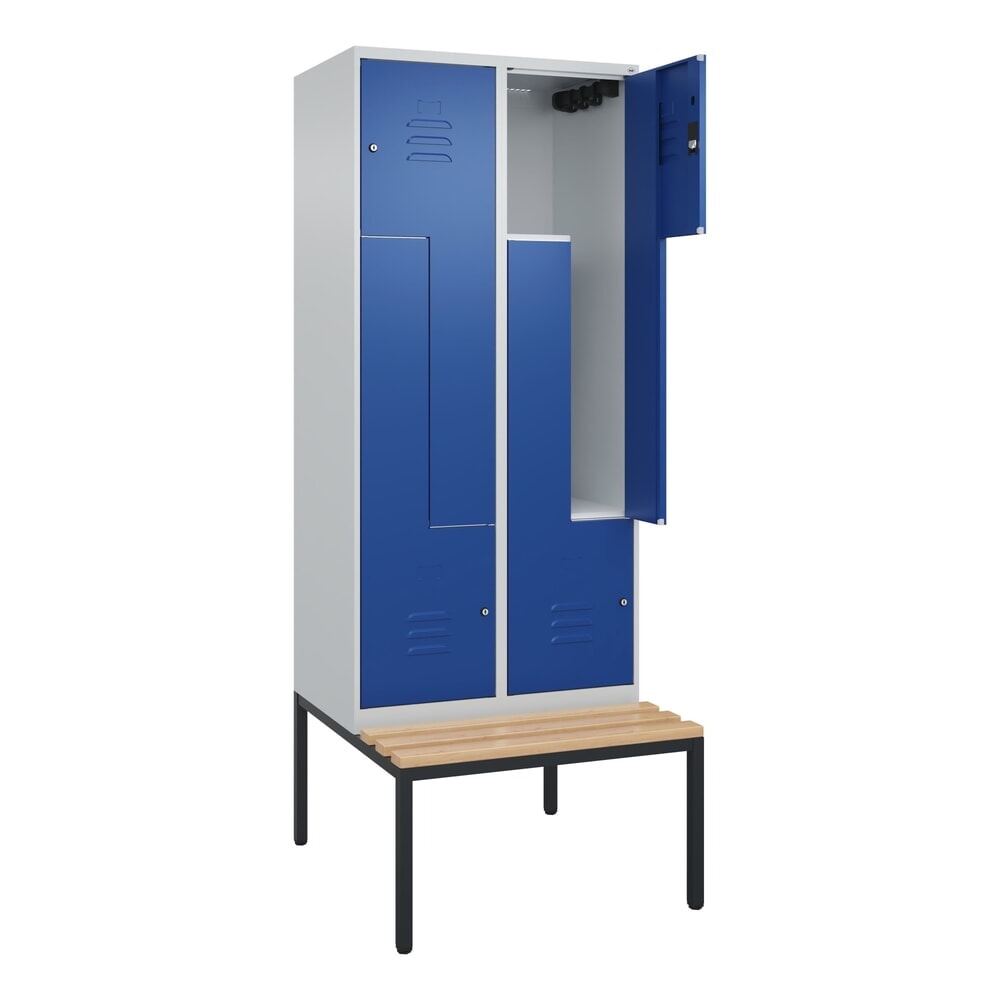 Produktabbildung: C+P Z-Spind Classic PLUS, 4 Abteile, HxBxT 2.120 x 800 x 815 mm, Zylinderschloss, untergebaute Bank aus Buche, lichtgrau, enzianblau