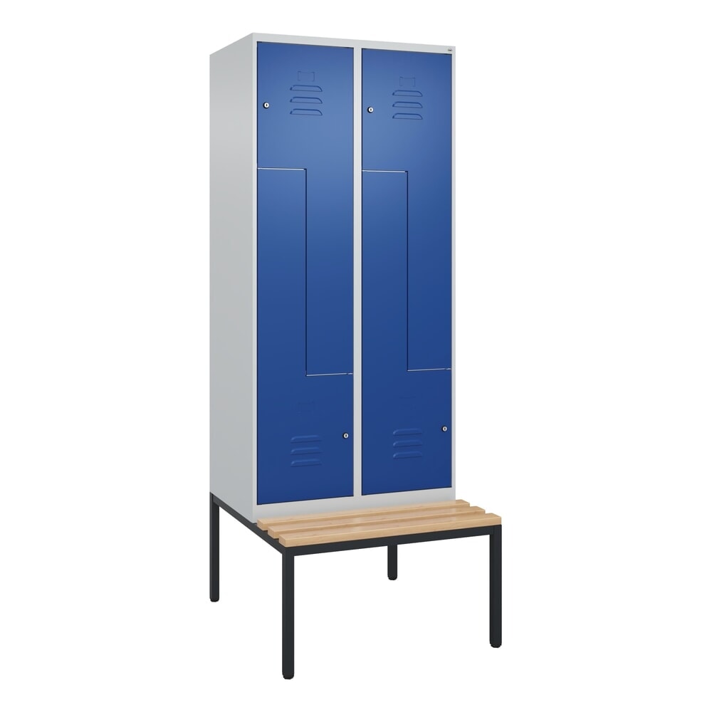 Produktabbildung Nr. 9: C+P Z-Spind Classic PLUS, 4 Abteile, HxBxT 2.120 x 800 x 815 mm, Zylinderschloss, untergebaute Bank aus Buche, lichtgrau, enzianblau