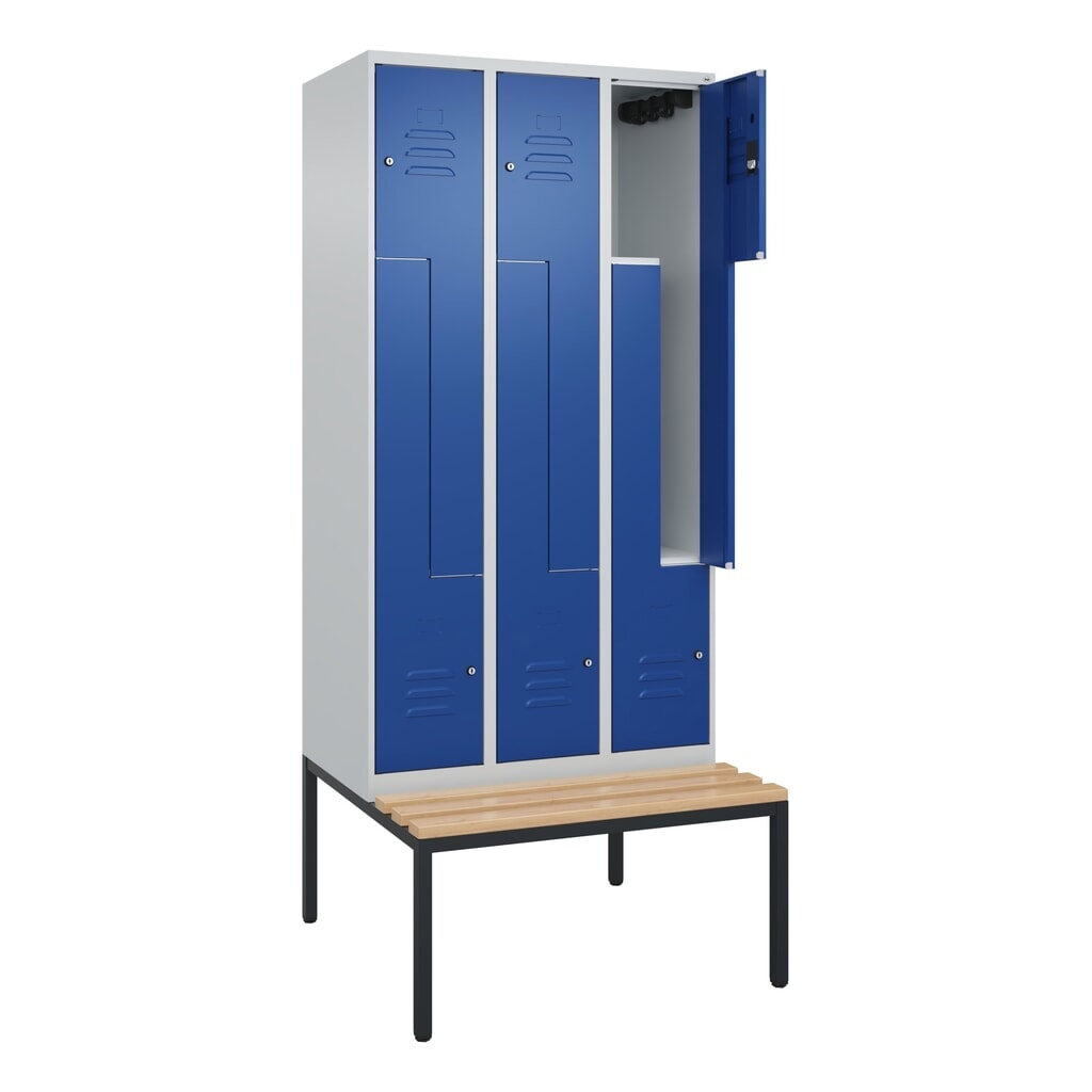 C+P Z-Spind Classic PLUS, 6 Abteile, HxBxT 2.120 x 900 x 815 mm, Zylinderschloss, untergebaute Bank aus Buche, lichtgrau, enzianblau Produktabbildung: C+P Z-Spind Classic PLUS, 6 Abteile, HxBxT 2.120 x 900 x 815 mm, Zylinderschloss, untergebaute Bank aus Buche, lichtgrau, enzianblau