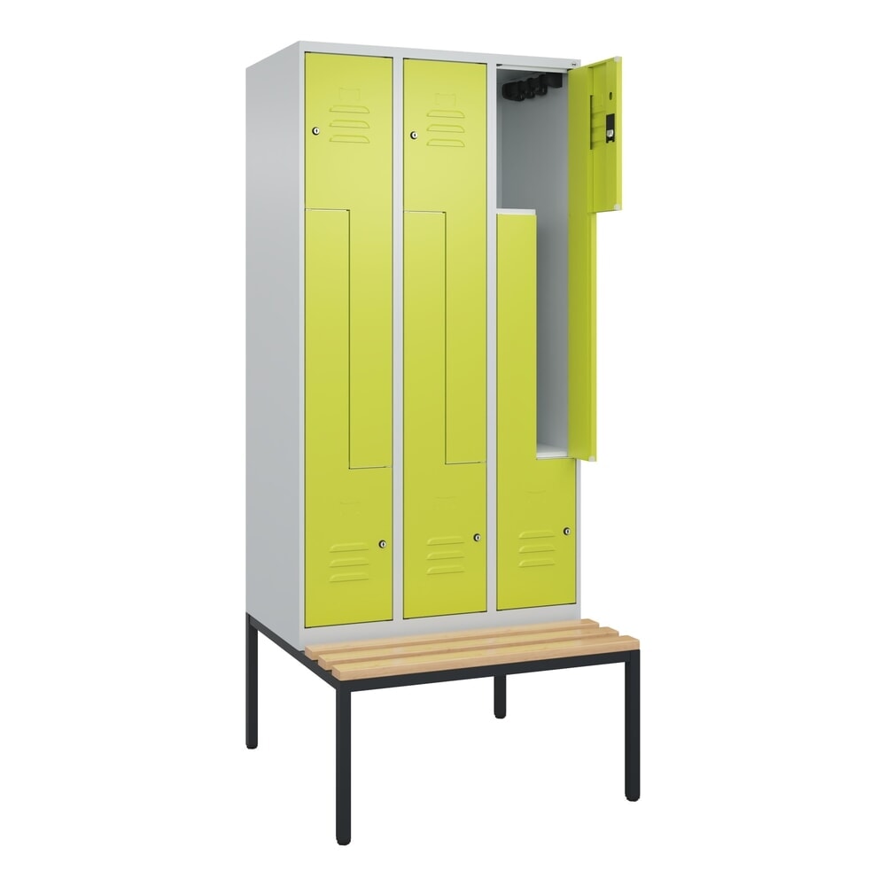 Produktabbildung: C+P Z-Spind Classic PLUS, 6 Abteile, HxBxT 2.120 x 900 x 815 mm, Zylinderschloss, untergebaute Bank aus Buche, lichtgrau, clowngrün
