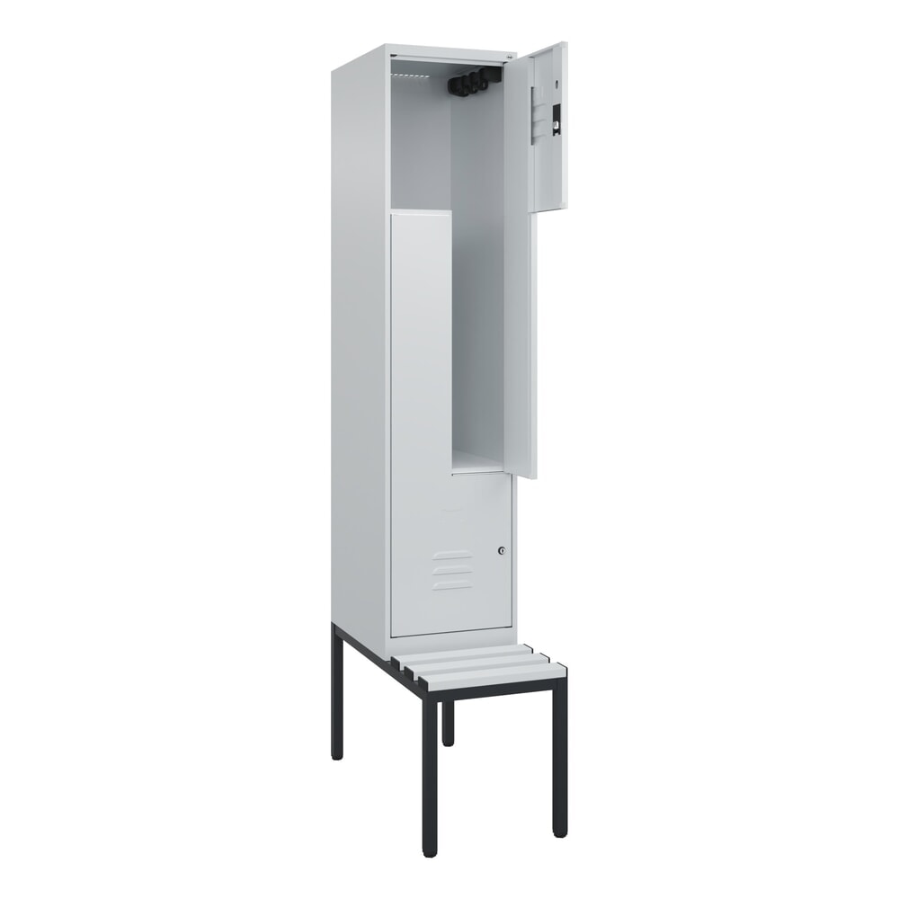 Produktabbildung: C+P Z-Spind Classic PLUS, 2 Abteile, HxBxT 2.120 x 400 x 815 mm, Zylinderschloss, untergebaute Bank aus Kunststoff, lichtgrau, lichtgrau