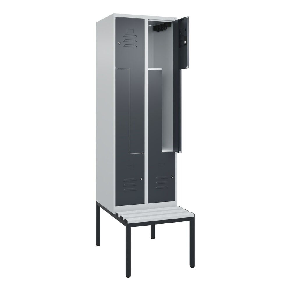 Produktabbildung: C+P Z-Spind Classic PLUS, 4 Abteile, HxBxT 2.120 x 600 x 815 mm, Zylinderschloss, untergebaute Bank aus Kunststoff, lichtgrau, anthrazitgrau