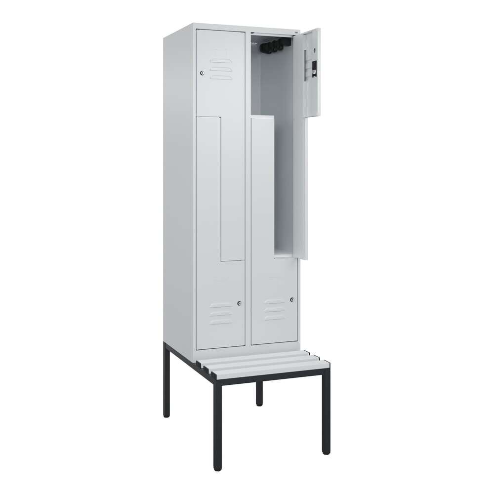 Produktabbildung: C+P Z-Spind Classic PLUS, 4 Abteile, HxBxT 2.120 x 600 x 815 mm, Zylinderschloss, untergebaute Bank aus Kunststoff, lichtgrau, lichtgrau