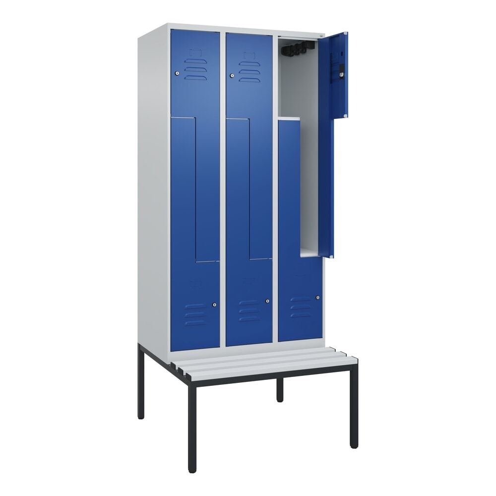 Produktabbildung: C+P Z-Spind Classic PLUS, 6 Abteile, HxBxT 2.120 x 900 x 815 mm, Zylinderschloss, untergebaute Bank aus Kunststoff, lichtgrau, enzianblau