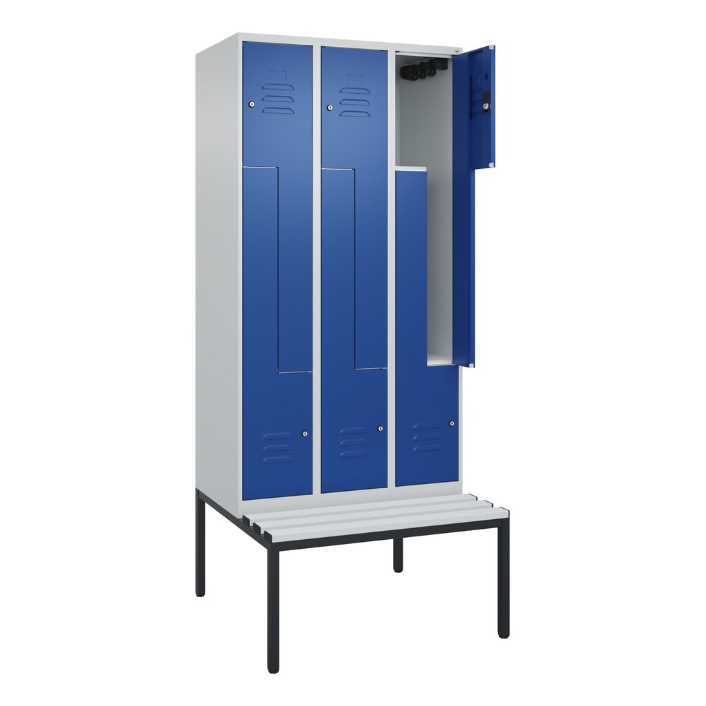 Produktabbildung: C+P Z-Spind Classic PLUS, 6 Abteile, HxBxT 2.120 x 900 x 815 mm, Zylinderschloss, untergebaute Bank aus Kunststoff, lichtgrau, enzianblau