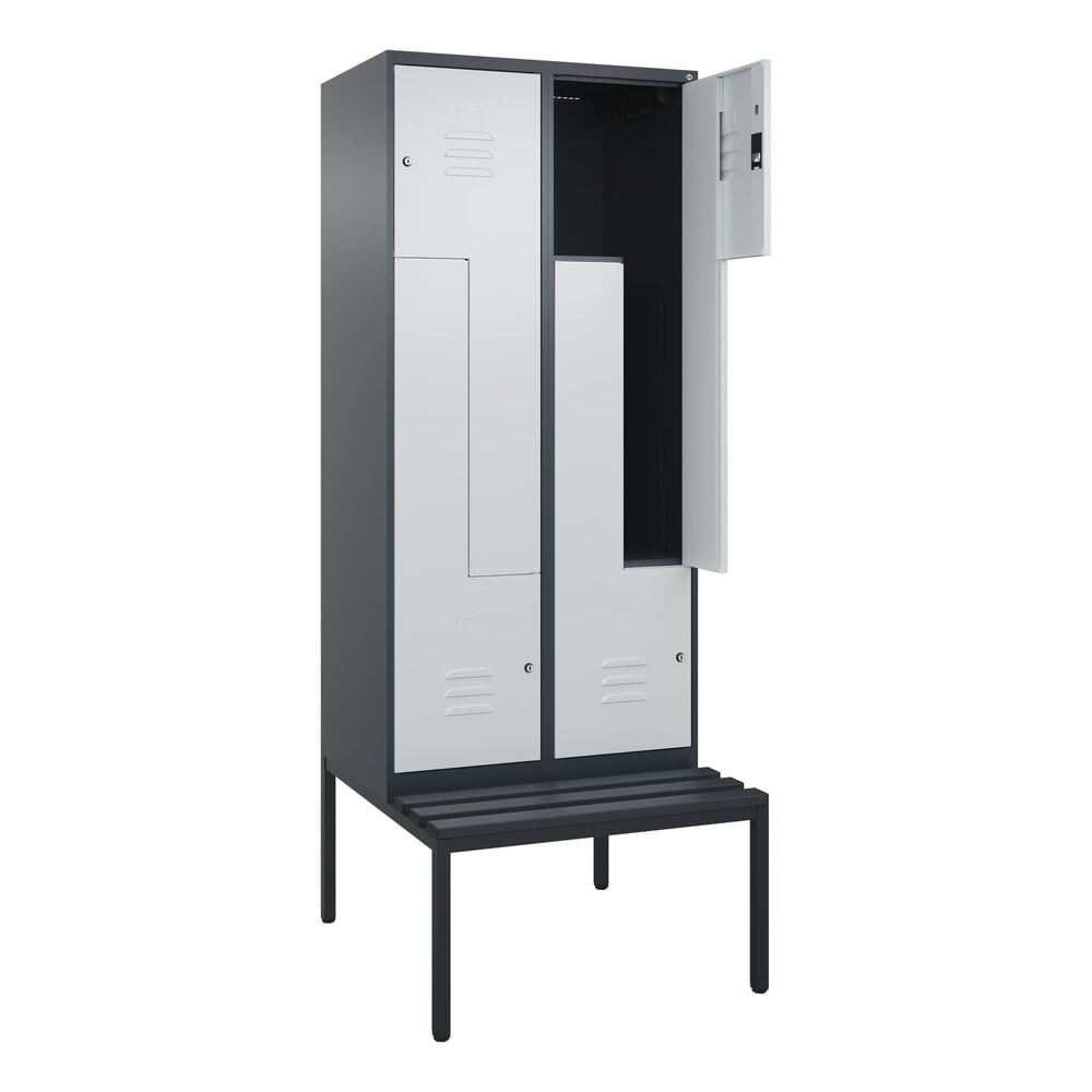 Produktabbildung: C+P Z-Spind Classic PLUS, 4 Abteile, HxBxT 2.120 x 800 x 815 mm, Zylinderschloss, untergebaute Bank aus Kunststoff, anthrazitgrau, lichtgrau