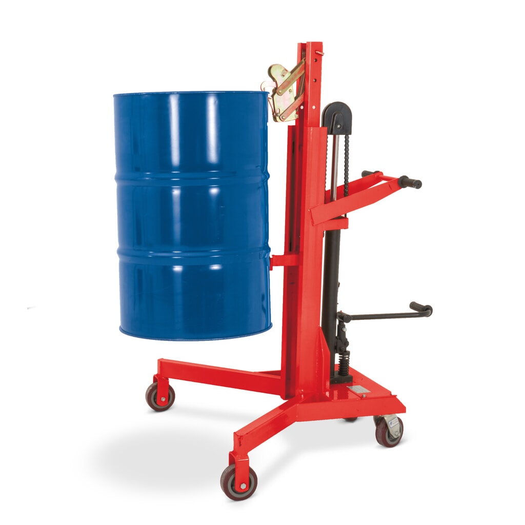 Fassheber mit Fußpedalhub, Eckaufnahme, Hubhöhe 500 mm, TK 450 kg, RAL 3020 verkehrsrot Produktabbildung Nr. 1: Fassheber mit Fußpedalhub, Eckaufnahme, Hubhöhe 500 mm, TK 450 kg, RAL 3020 verkehrsrot