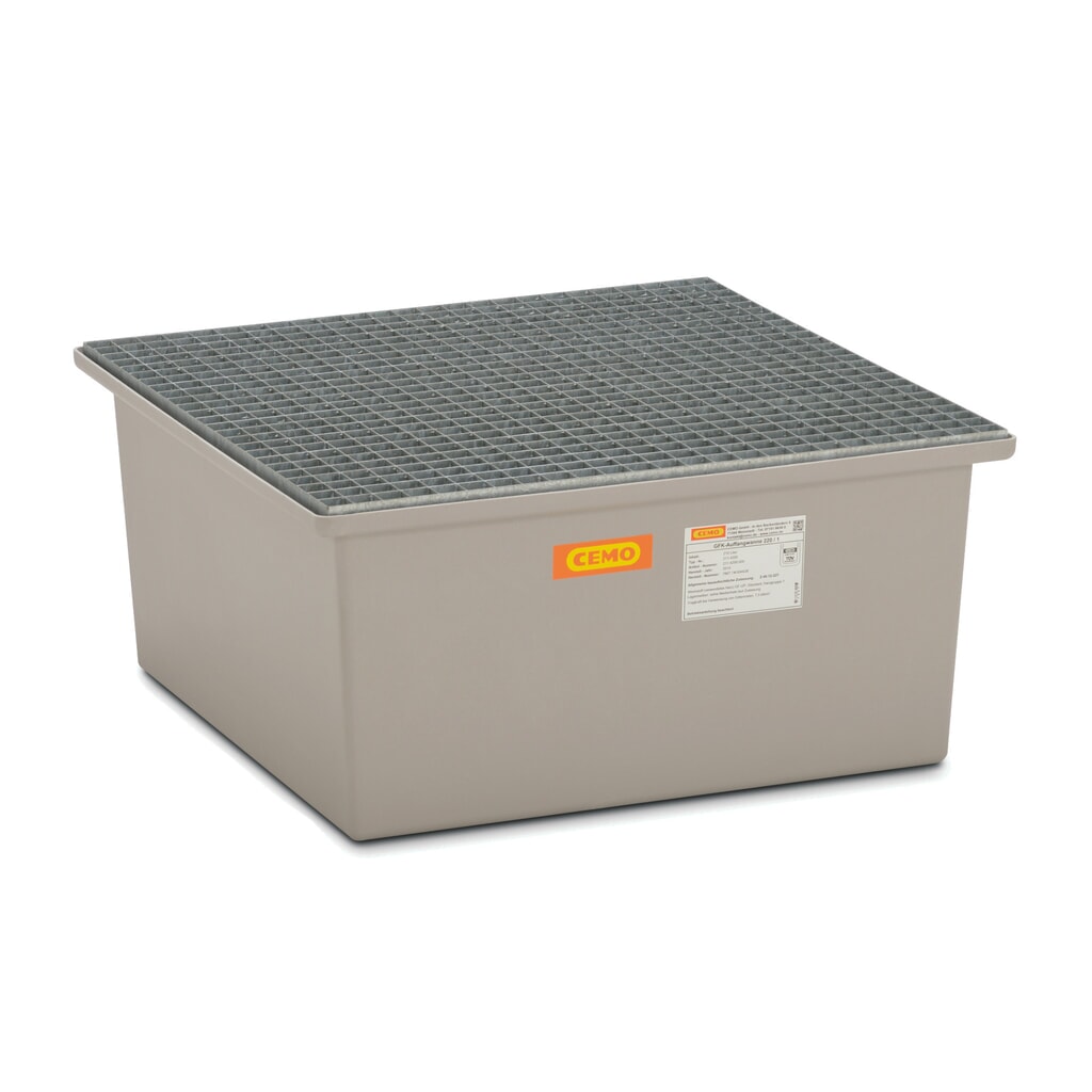 CEMO Auffangwanne aus GFK, HxBxT 400 x 850 x 850 mm, Gitterrost aus Stahl Produktabbildung: CEMO Auffangwanne aus GFK, HxBxT 400 x 850 x 850 mm, Gitterrost aus Stahl