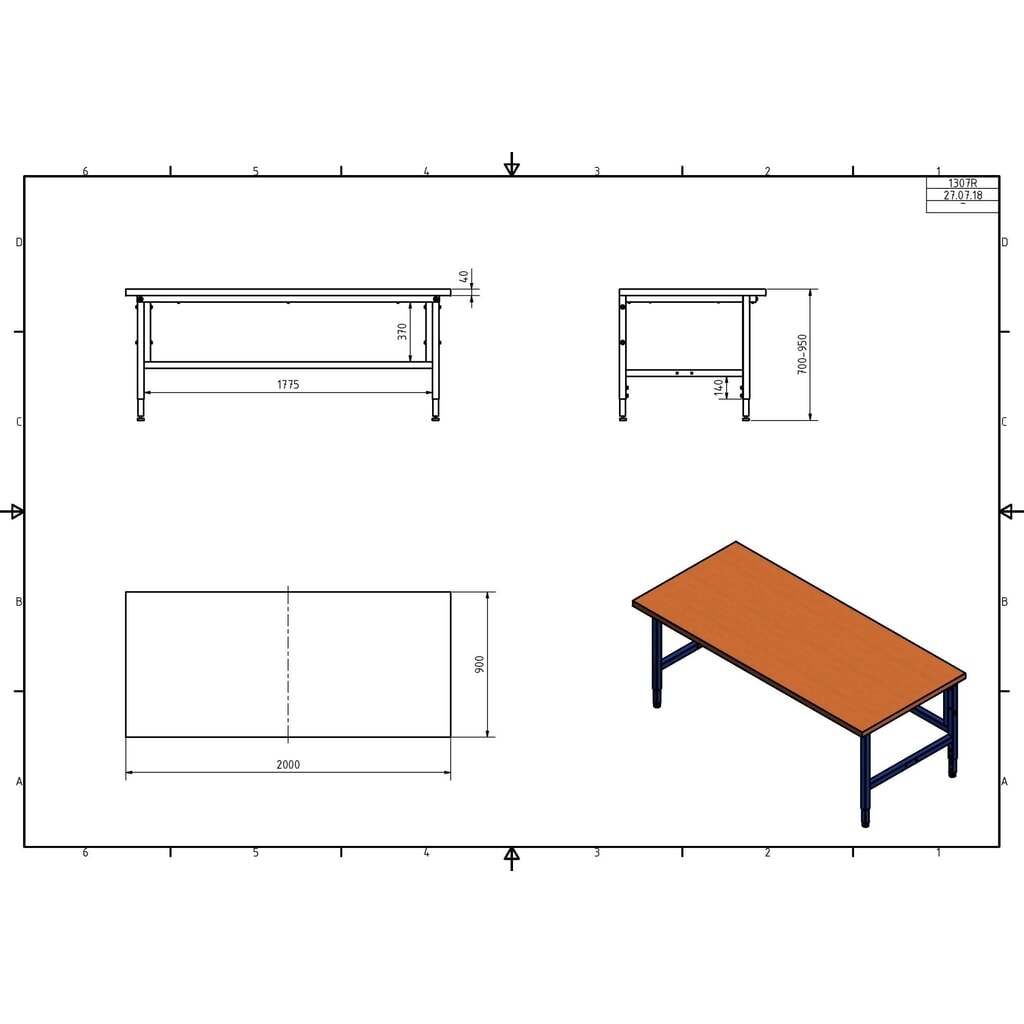 DAHMEN Manuell höhenverstellbarer Packtisch Multiplex, einseitig, HxBxt 710-960 x 2.000 x 900 mm Produktabbildung Nr. 3: DAHMEN Manuell höhenverstellbarer Packtisch Multiplex, einseitig, HxBxt 710-960 x 2.000 x 900 mm