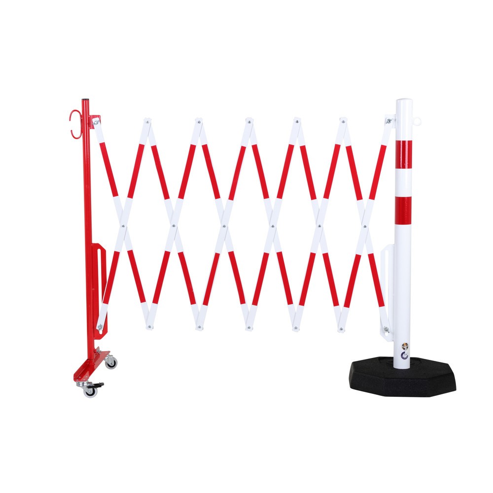 Produktabbildung: dancop Scherengitter, 1 Rollenfuß, 1 Standpfosten, Breite 3.600 mm, rot/weiß