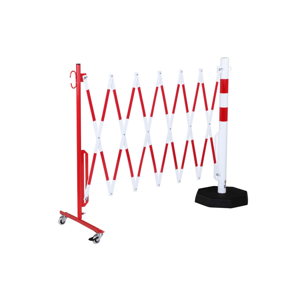 Produktabbildung Nr. 2: dancop Scherengitter, 1 Rollenfuß, 1 Standpfosten, Breite 3.600 mm, rot/weiß
