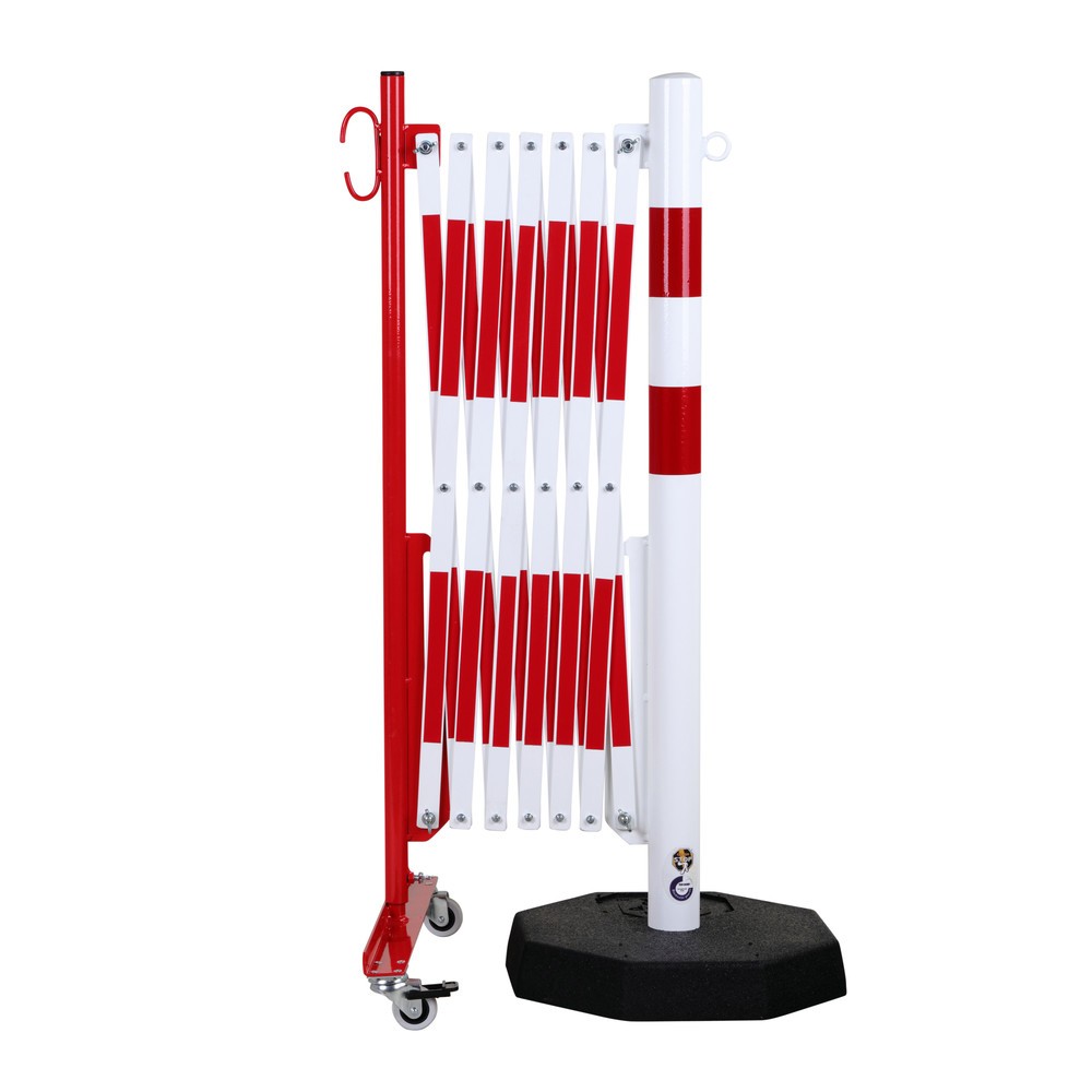 Produktabbildung Nr. 3: dancop Scherengitter, 1 Rollenfuß, 1 Standpfosten, Breite 3.600 mm, rot/weiß