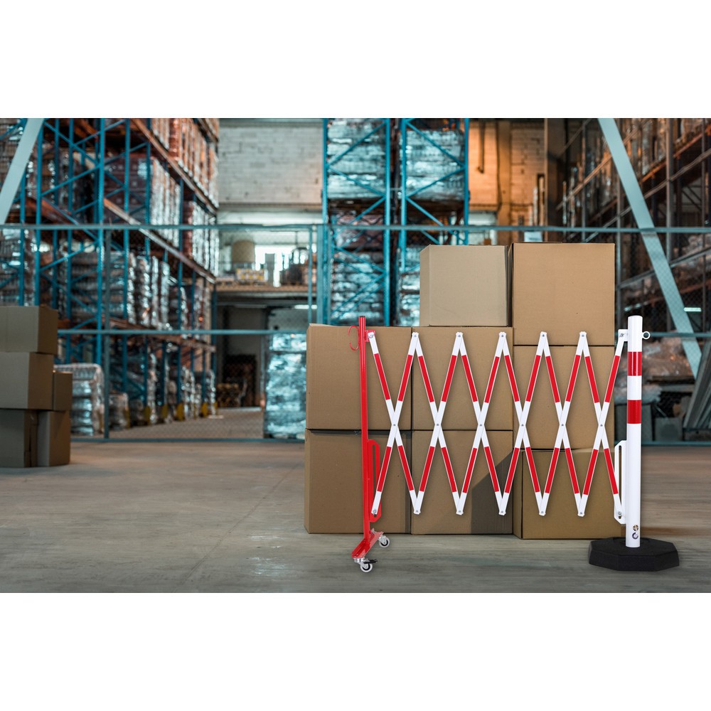 Produktabbildung Nr. 4: dancop Scherengitter, 1 Rollenfuß, 1 Standpfosten, Breite 3.600 mm, rot/weiß