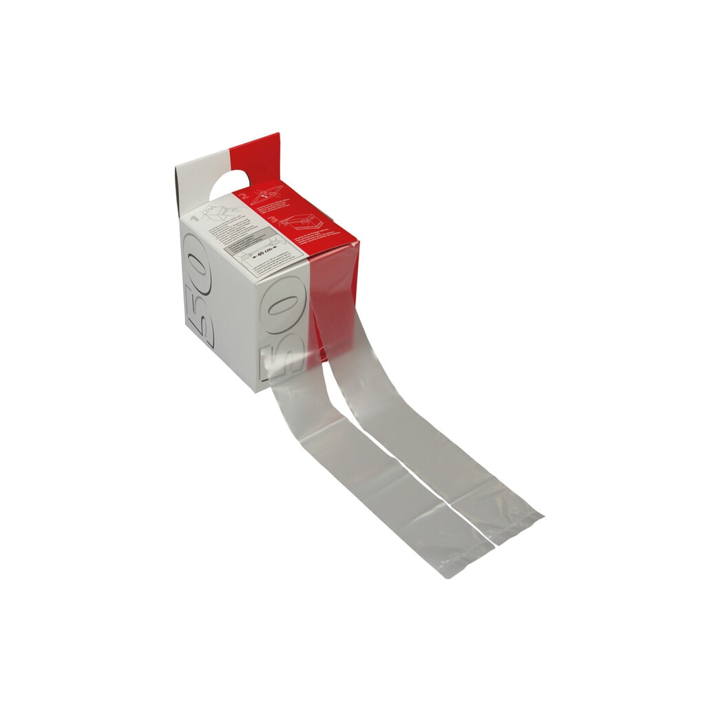 Produktabbildung: Dehnband, transparent, 1200x50mm, in Spenderbox, 1 Spenderbox = 200 Bänder, 1 VE = 200 Stk
