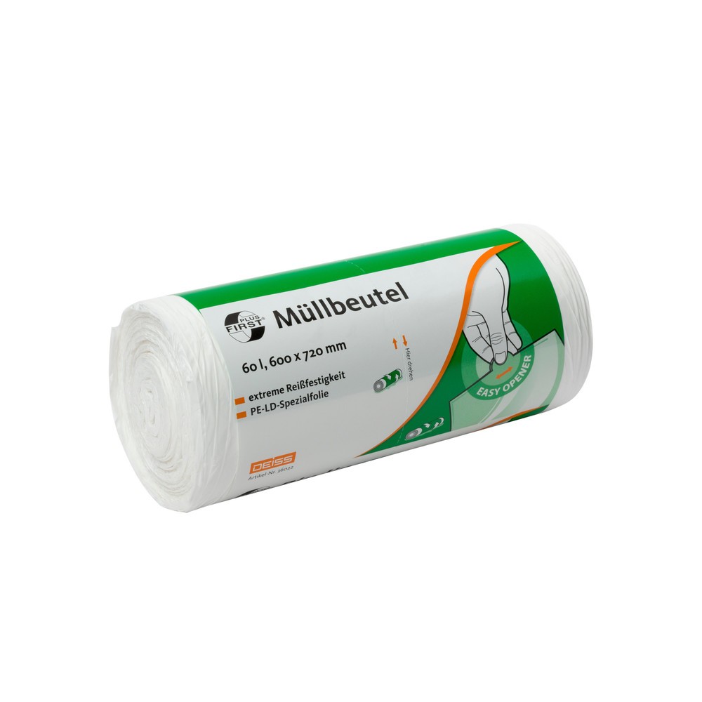 Produktabbildung: DEISS FIRST PLUS Müllbeutel, 60 l, 600 x 720 mm, LDPE, 50 Stk/Rolle, 20 Rollen/VE