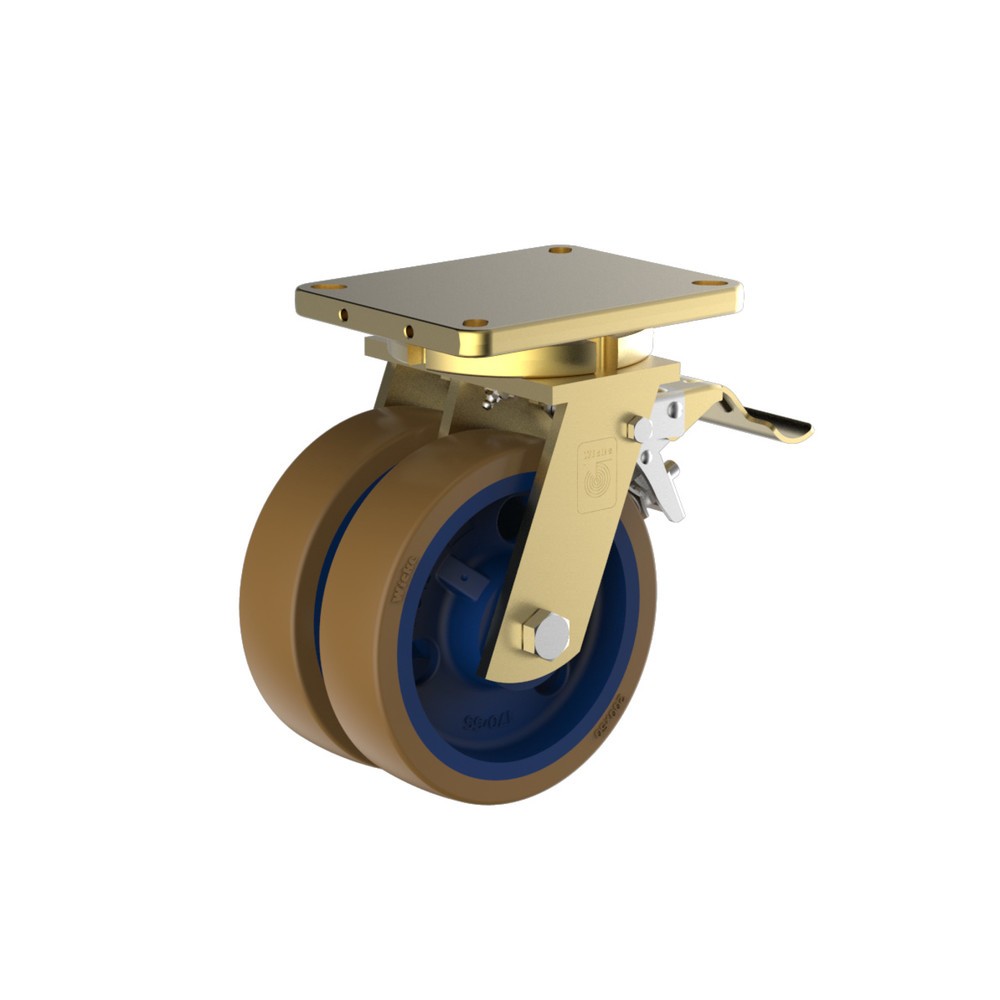 Produktabbildung: Doppel-Schwerlastrolle Wicke Topthane® PU, inkl. Festesteller, Ø x Breite 125 x 50 mm, TK 1.320 kg