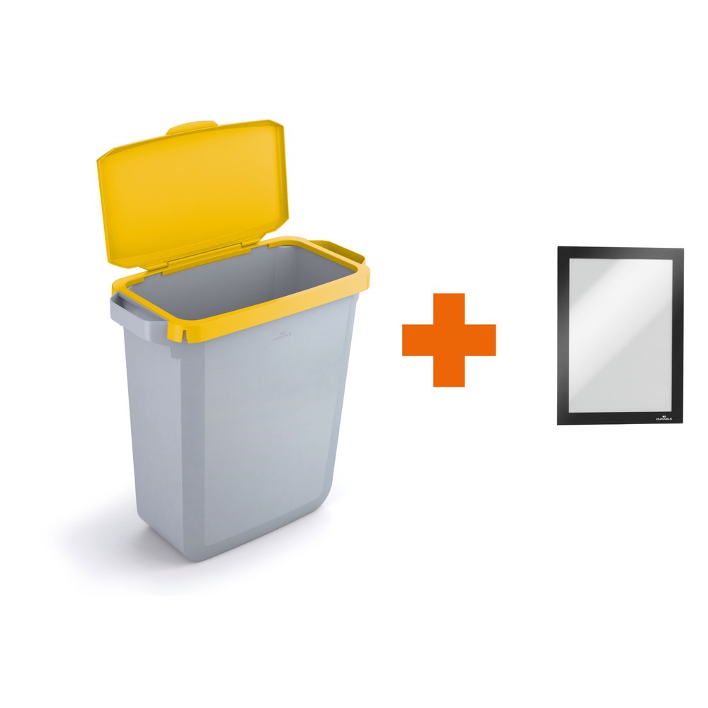 Produktabbildung Nr. 1: DURABLE Abfallbehälter DURABIN® 60L mit Klappdeckel + Info-Rahmen DURAFRAME®, gelb