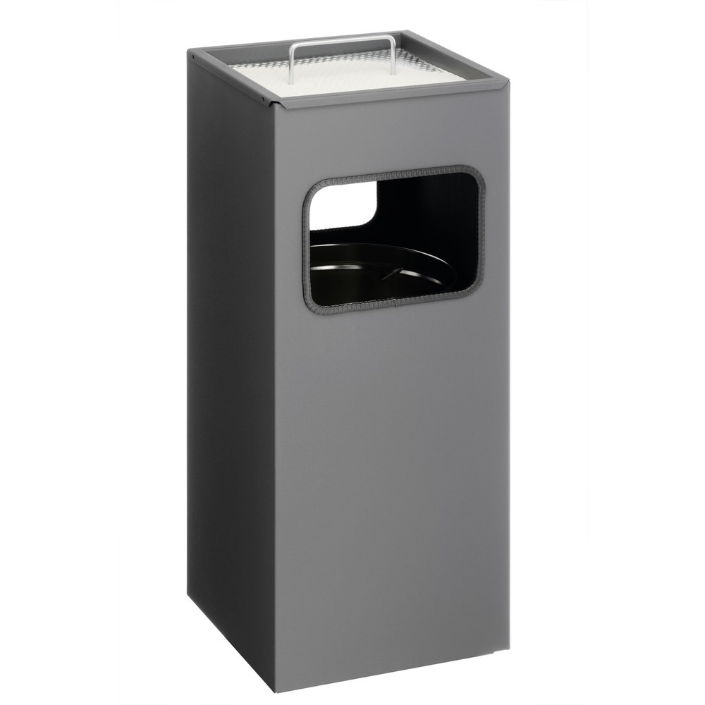 DURABLE Papierkorb Metall mit Ascher eckig, metallic silber | Funktioneller 17 Liter-Metall Papierkorb mit 2 Liter-Ascher. Mit 2 Papieröffnungen. Geeignet für den Einsatz im Innen- oder geschützten Außenbereich. Herausnehmbarer innerer Behälter und Ascher für leichte Leerung und Reinigung. Ascher mit Drahteinsatz und inklusive 1,5 kg Sandfüllung. Ideal für gekennzeichnete Raucherzonen und Eingangsbereiche. Maße entnehmbarer Ascher (HxDurchmesser): 50 x 240 mm. Maße Papieröföfnung (HxB): 130 x 180 mm. Maße innerer Behälter (HxDurchmesser): 380 x 220 mm. Produktmaße (HxDurchmesser): 620 x 250 mm.DURABLE Papierkorb Metall mit Ascher eckig, anthrazit DURABLE Papierkorb Metall mit Ascher eckig, anthrazit