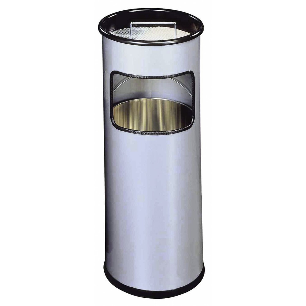 DURABLE Papierkorb Metall mit Ascher rund, metallic silber | Funktioneller 17 Liter-Metall Papierkorb mit 2 Liter-Ascher. Geeignet für den Einsatz im Innen- oder geschützten Außenbereich. Papierkorb mit herausnehmenbarem Zinkeinsatz für leichte Leerung und Reinigung. Ascher aus Aluminium mit Drahteinsatz inklusive 1,5 kg Sandfüllung. Ideal für gekennzeichnete Raucherzonen und Eingangsbereiche. Maße entnehmbarer Ascher (HxDurchmesser): 60 x 240 mm. Maße Papieröffnung (HxB): 125 x 190 mm. Maße innerer Behälter (HxDurchmesser): 380 x 220 mm. Produktmaße (HxDurchmesser): 620 x 260 mm.DURABLE Papierkorb Metall mit Ascher rund, metallic silber DURABLE Papierkorb Metall mit Ascher rund, metallic silber