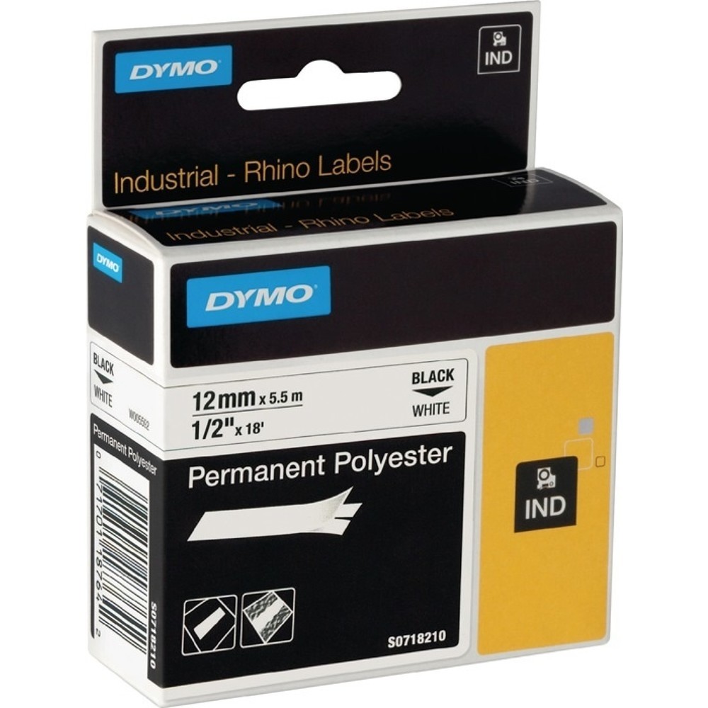 Produktabbildung: DYMO Schriftband, permanentes Polyesterband, Bandbreite 12 mm Bandlänge 5,5 m, schwarz auf weiß