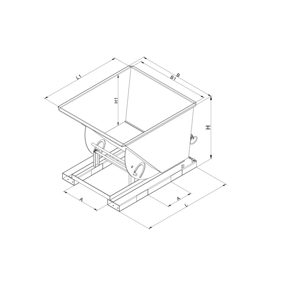 Produktabbildung Nr. 3: Eichinger® Kippbehälter in hoher Bauhöhe, quer zur und in Fahrtrichtung kippbar, 1000 kg, 750 Liter, reinorange