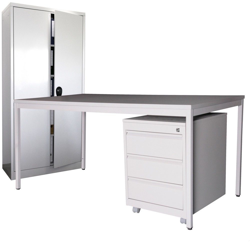 Produktabbildung: Einrichtungs-Set, Schreibtisch LxB 1.200 x 800 mm inkl. Rollcontainer + Flügeltürschrank HxB 1.800 x 800 mm, lichtgrau