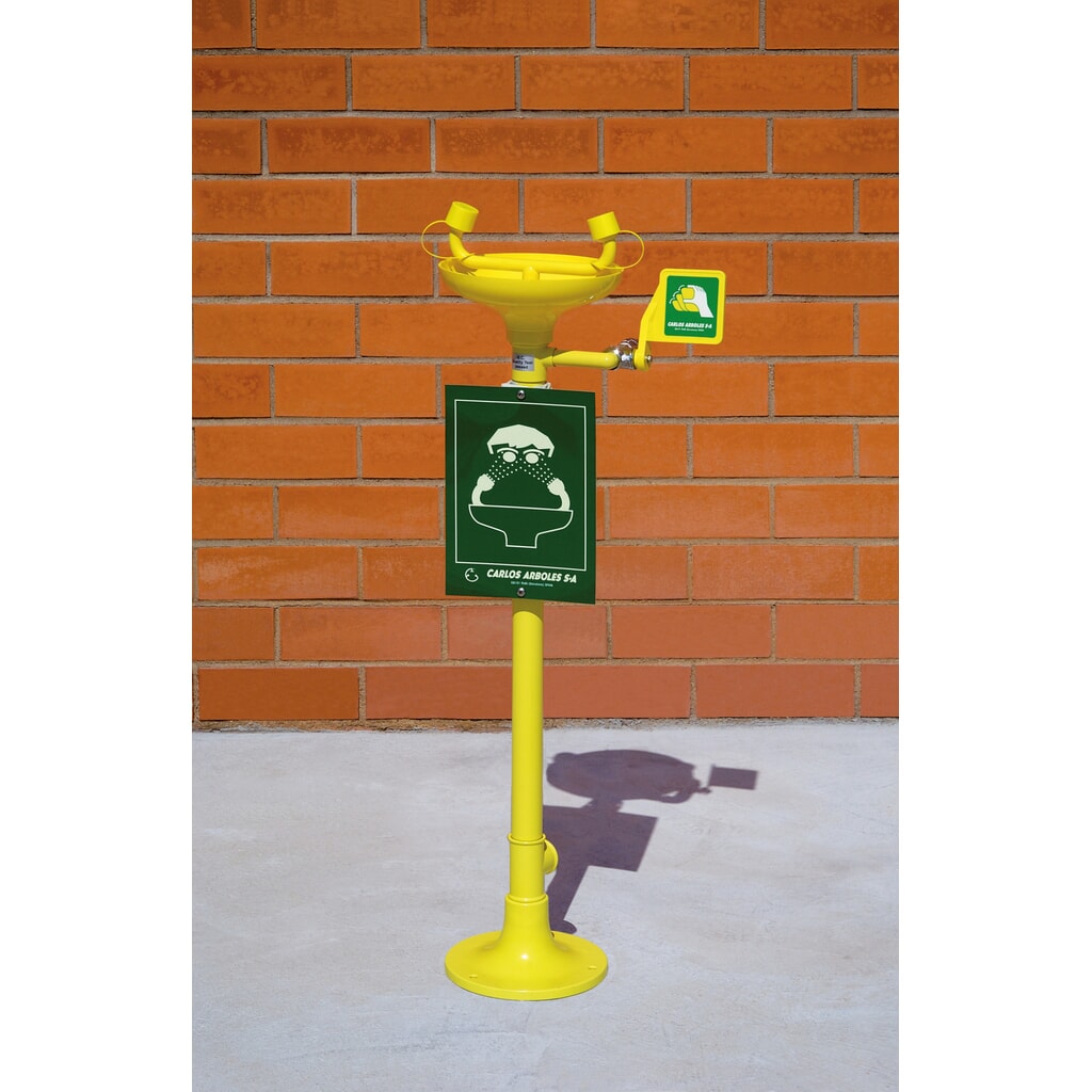 Erbstößer® Augendusche, DIN EN 15154-2 u. ANSI Z 358, Standmodell, mit Kunststoff-Auffangbecken, zweistrahlig Produktabbildung: Erbstößer® Augendusche, DIN EN 15154-2 u. ANSI Z 358, Standmodell, mit Kunststoff-Auffangbecken, zweistrahlig