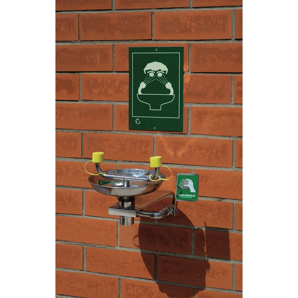 Produktabbildung: Erbstößer® Augendusche, DIN EN 15154-2 u. ANSI Z 358, Wandmontage, komplett Edelstahl, mit Auffangbecken, zweistrahlig