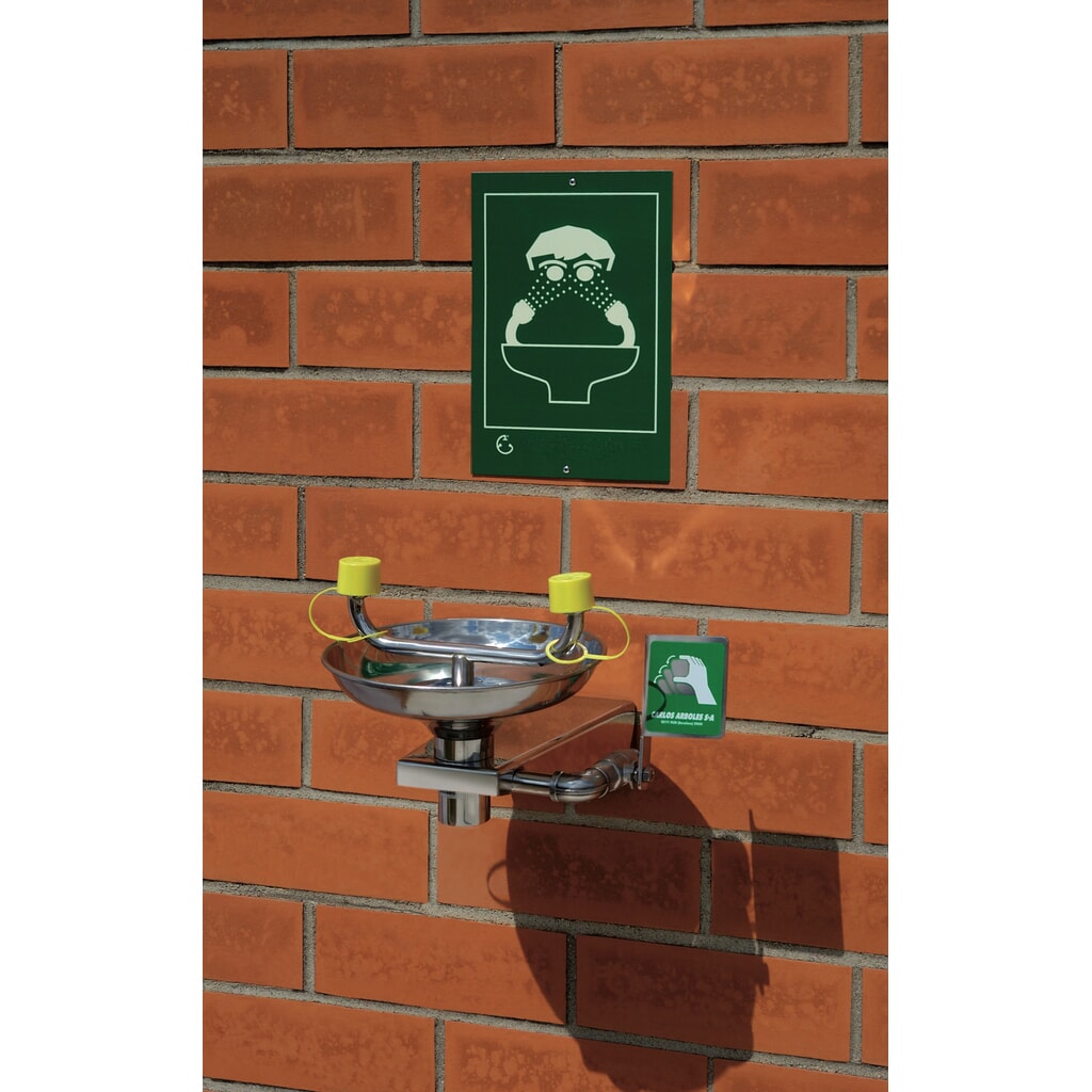 Produktabbildung: Erbstößer® Augendusche, DIN EN 15154-2 u. ANSI Z 358, Wandmontage, komplett Edelstahl, mit Auffangbecken, zweistrahlig