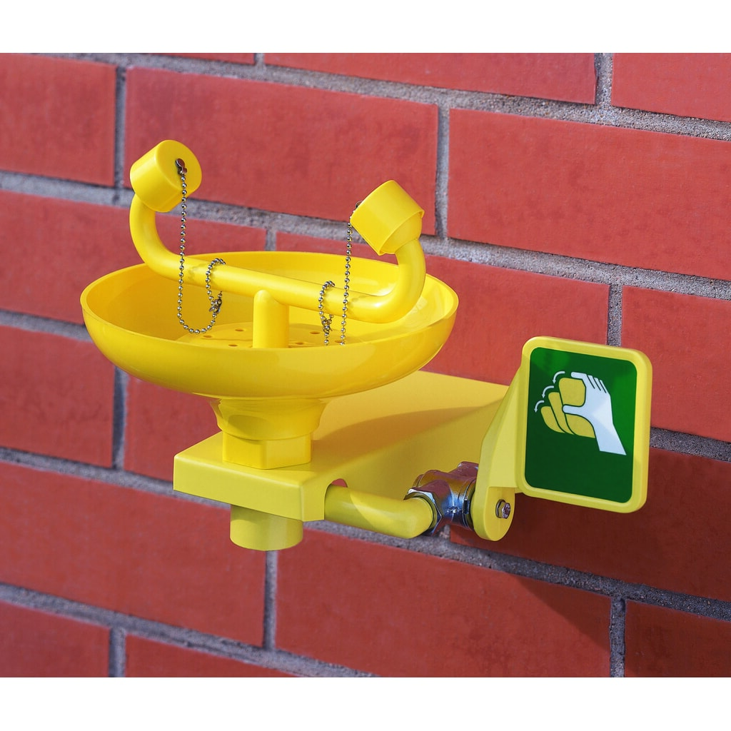 Erbstößer® Augendusche, DIN EN 15154-2 u. ANSI Z 358, Wandmontage, mit Kunststoff-Auffangbecken, zweistrahlig Produktabbildung: Erbstößer® Augendusche, DIN EN 15154-2 u. ANSI Z 358, Wandmontage, mit Kunststoff-Auffangbecken, zweistrahlig