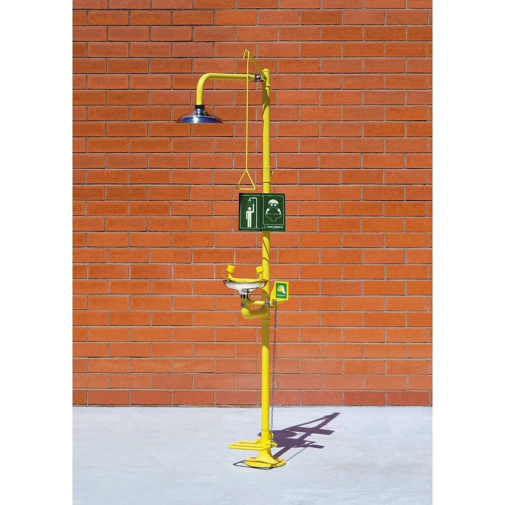 Erbstößer® Körper-/Augendusche-Kombination mit Auffangbecken, DIN EN 15154-1/-2/-5, Standmodell, Edelstahl-Duschkopf/-Auffangbecken, Pedalbetätigung für Augendusche Produktabbildung: Erbstößer® Körper-/Augendusche-Kombination mit Auffangbecken, DIN EN 15154-1/-2/-5, Standmodell, Edelstahl-Duschkopf/-Auffangbecken, Pedalbetätigung für Augendusche