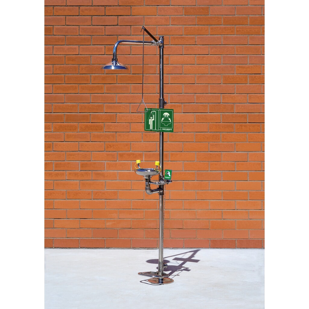 Erbstößer® Körper-/Augendusche-Kombination mit Auffangbecken, DIN EN 15154-1/-2/-5, Standmodell, komplett Edelstahl, Pedalbetätigung für Augendusche Produktabbildung: Erbstößer® Körper-/Augendusche-Kombination mit Auffangbecken, DIN EN 15154-1/-2/-5, Standmodell, komplett Edelstahl, Pedalbetätigung für Augendusche