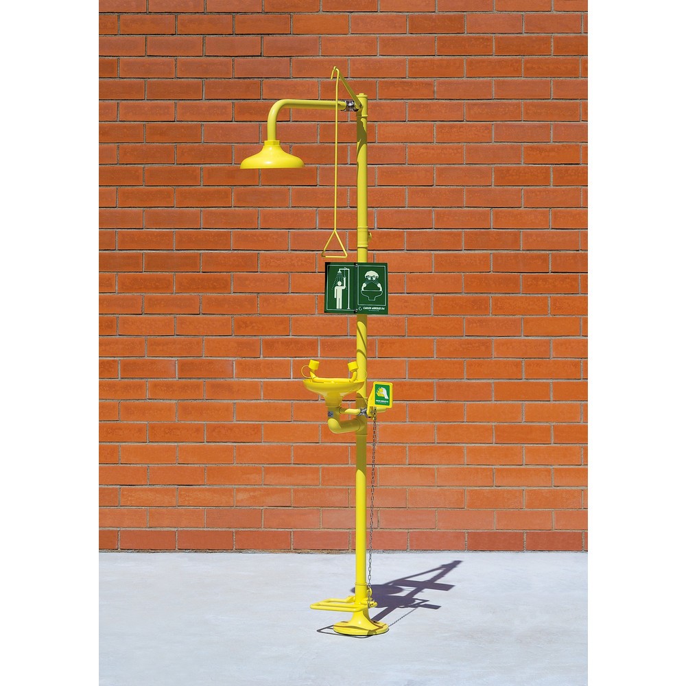Produktabbildung: Erbstößer® Körper-/Augendusche-Kombination mit Auffangbecken, DIN EN 15154-1/-2/-5, Standmodell, Kunststoff-Duschkopf/-Auffangbecken, Pedalbetätigung für Augendusche