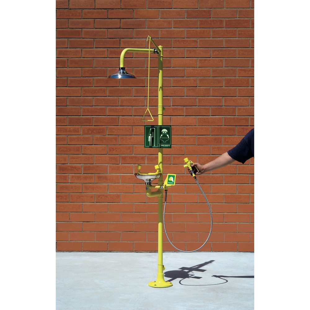 Produktabbildung: Erbstößer® Körper-/Augendusche-Kombination mit Auffangbecken und beweglicher Schlauchdusche, DIN EN 15154-1/-2/-5, Standmodell, Edelstahl-Duschköpfe/-Auffangbecken
