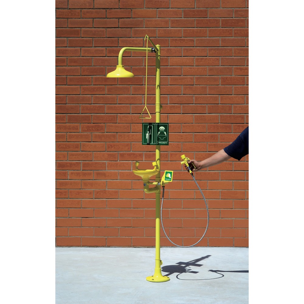 Produktabbildung: Erbstößer® Körper-/Augendusche-Kombination mit Auffangbecken und beweglicher Schlauchdusche, DIN EN 15154-1/-2/-5, Standmodell, Kunststoff-Duschköpfe/-Auffangbecken