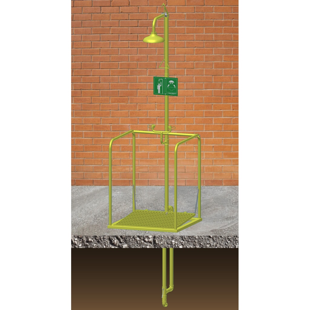 Erbstößer® Körper-/Augendusche-Station, DIN EN 15154-5, Unterflur-Wasseranschluß, Edelstahl-Duschkopf, frostsicher Produktabbildung: Erbstößer® Körper-/Augendusche-Station, DIN EN 15154-5, Unterflur-Wasseranschluß, Edelstahl-Duschkopf, frostsicher