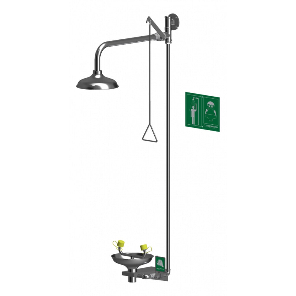Erbstößer® Körper-/starre Schlauchdusche-Kombination mit Auffangbecken, DIN EN 15154-1/-2/-5, Wandmontage, komplett Edelstahl Produktabbildung: Erbstößer® Körper-/starre Schlauchdusche-Kombination mit Auffangbecken, DIN EN 15154-1/-2/-5, Wandmontage, komplett Edelstahl