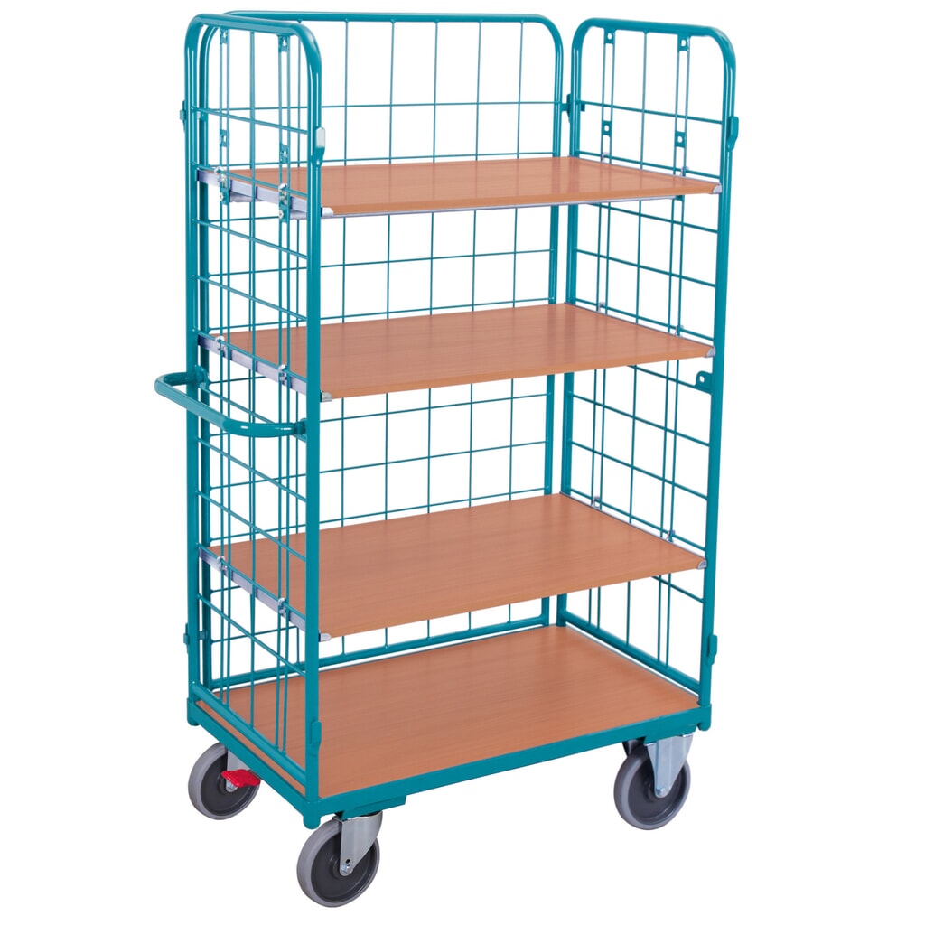 Etagenwagen Ameise®, mit Drahtgitter, 3-seitig geschlossen, 4 Etagen à 1.000 x 600 mm, mit Zentralbremse Produktabbildung: Etagenwagen Ameise®, mit Drahtgitter, 3-seitig geschlossen, 4 Etagen à 1.000 x 600 mm, mit Zentralbremse