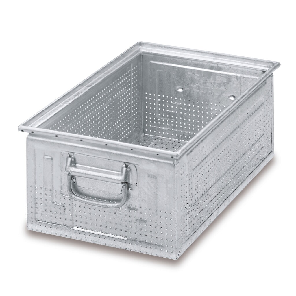 Produktabbildung: Drehstapelbehälter aus Stahlblech, mit feiner Lochung Ø 3 mm, HxBxT 200 x 350 x 200 mm