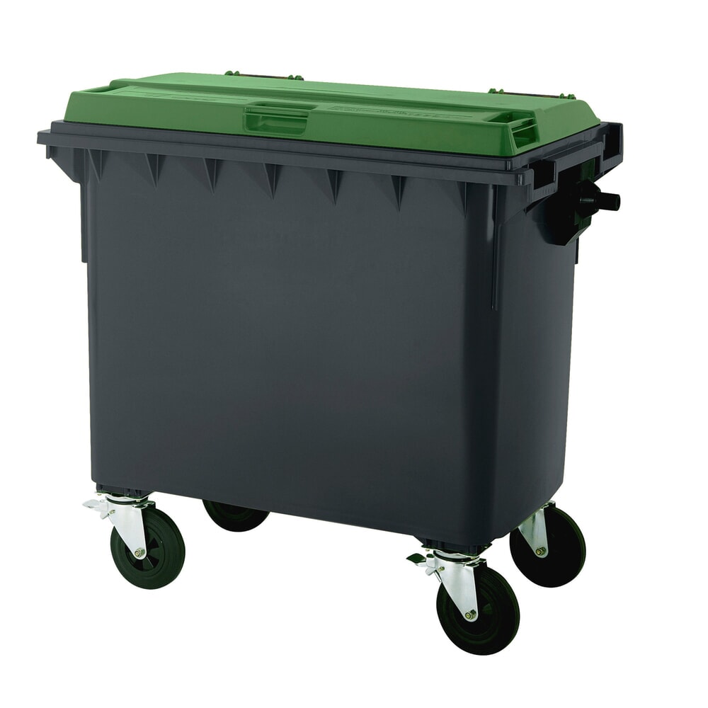 Produktabbildung: Fahrbare Groß-Mülltonne mit 4 Rollen, Flachdeckel, 660 Liter, schwarzgrau, Deckel grün