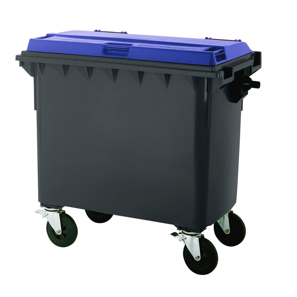 Produktabbildung: Fahrbare Groß-Mülltonne mit 4 Rollen, Flachdeckel, 660 Liter, schwarzgrau, Deckel blau