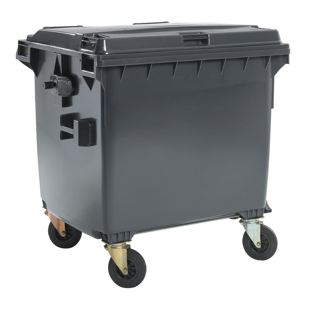 Produktabbildung: Fahrbare Groß-Mülltonne mit 4 Rollen, Flachdeckel, 1.100 Liter, schwarzgrau, Deckel schwarzgrau