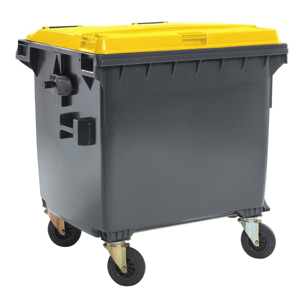 Produktabbildung: Fahrbare Groß-Mülltonne mit 4 Rollen, Flachdeckel, 1.100 Liter, schwarzgrau, Deckel gelb