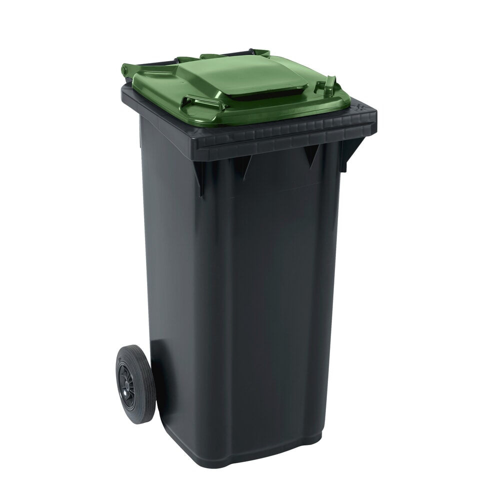 Produktabbildung: Fahrbare Mülltonne GMT eXtra aus HDPE nach DIN EN 840, 120 Liter, schwarzgrau, Deckel grün
