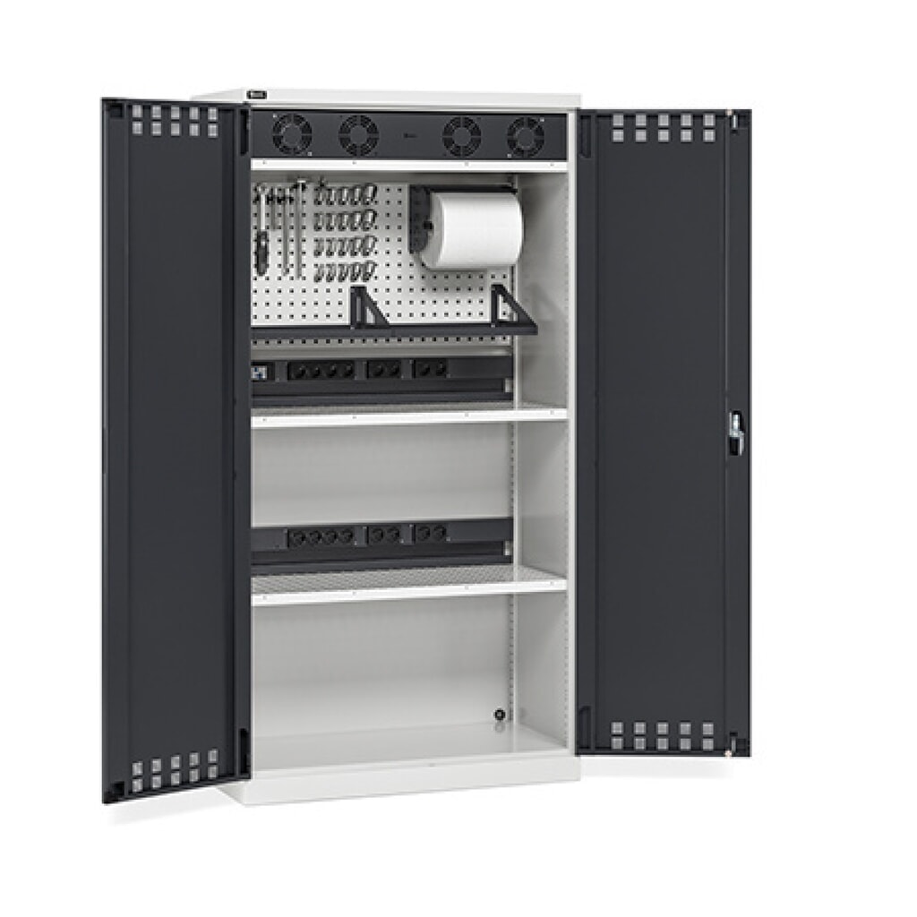 Produktabbildung: Fami PERFOM Akku-Ladeschrank, 2 Lochböden, Energiekanäle, Steckdosenleisten, Ventilatorgitter, HxBxT 2.000 x 1.023 x 555 mm, lichtgrau, anthrazit