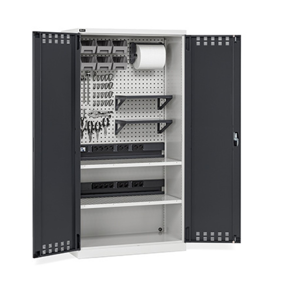 Produktabbildung: Fami PERFOM Akku-Ladeschrank mit Lochplatte und Zubehör, HxBxT 2.000 x 1.023 x 726 mm, lichtgrau, anthrazit