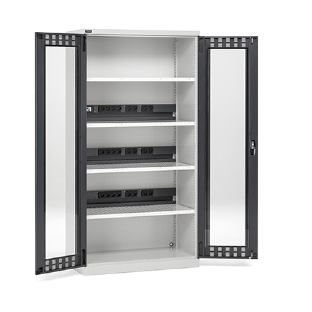 Produktabbildung: Fami PERFOM Akku-Ladeschrank mit Sichtfenstern, Tragkraft 1.200 kg, 4 Lochböden, HxBxT 2.000 x 1.023 x 555 mm, lichtgrau, anthrazit