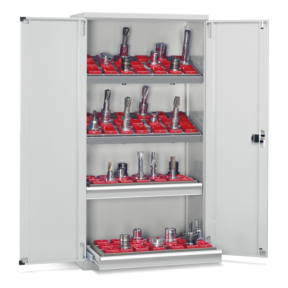 Produktabbildung Nr. 2: Fami PERFOM Lagersystem für CNC-Werkzeuge, 2 Schubladen, 2 Fachböden, HxBxT 2.000 x 1.023 x 726 mm, 84 Werkzeugeinsätze ISO 40, lichtgrau