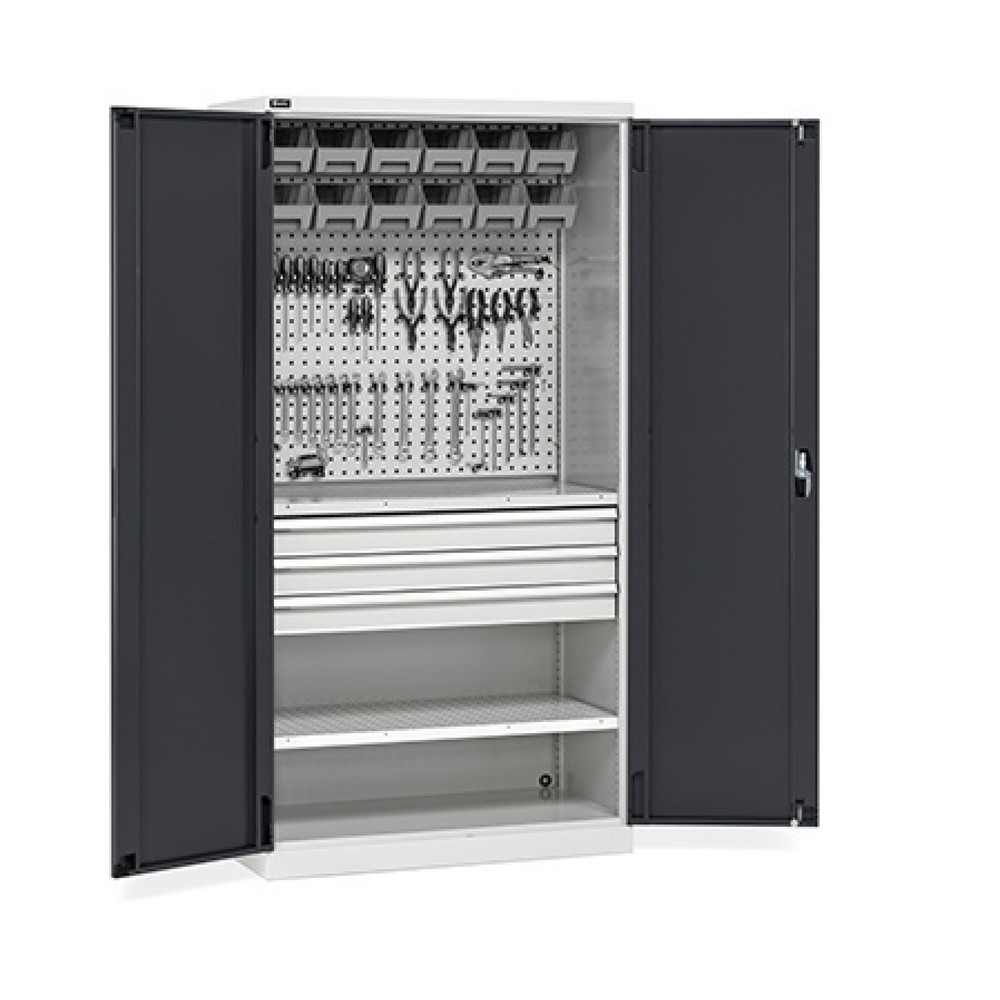 Produktabbildung: Fami PERFOM Werkstattschrank, 3 Schubladen, Lochplatten, Sichtlagerkasten, HxBxT 2.000 x 1.023 x 726 mm, lichtgrau, anthrazit